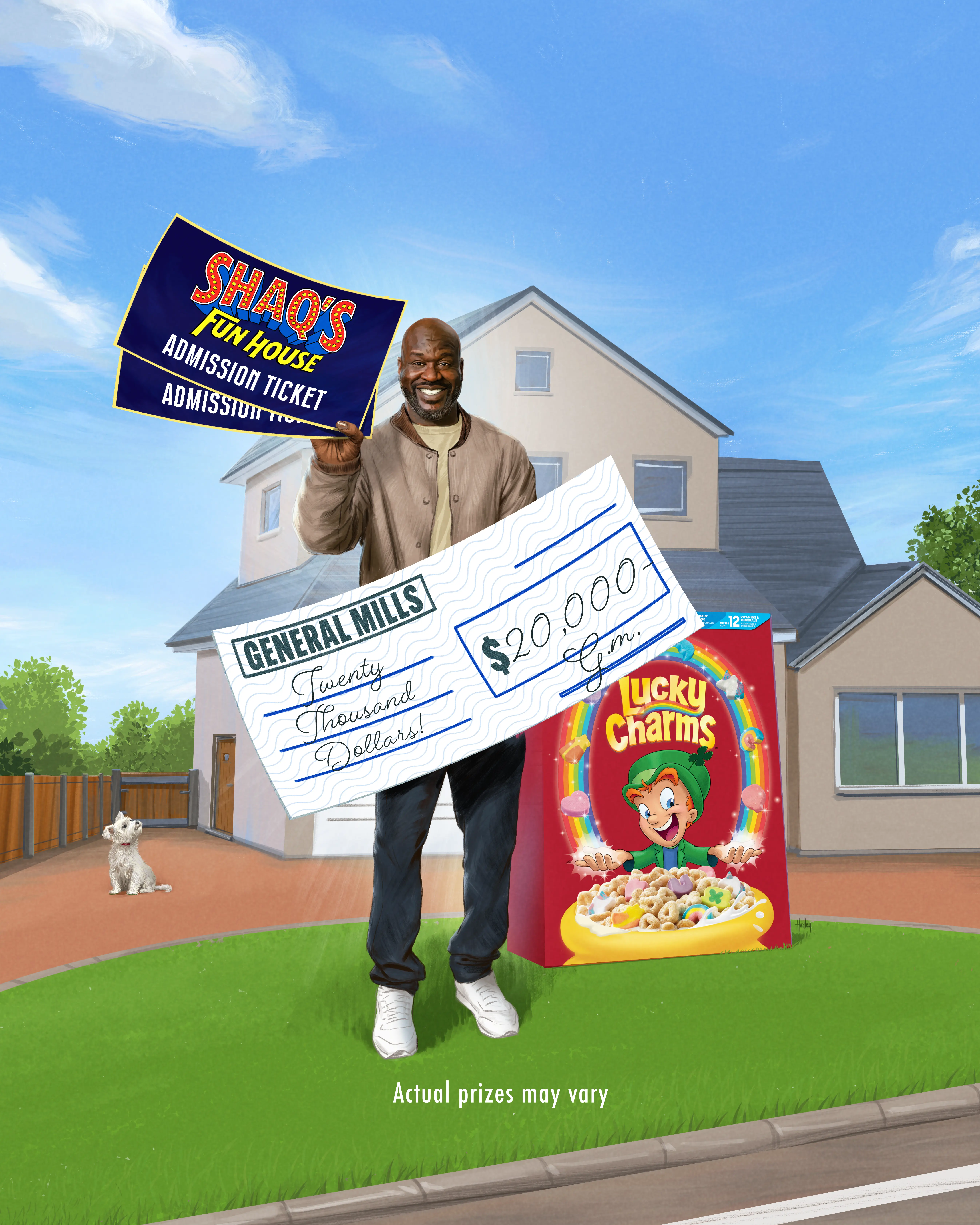 Grand Prize Pack, $20,000 cash, a VIP trip for two to Shaq’s Fun House, a year supply of cereal and $1,000 spending cash!